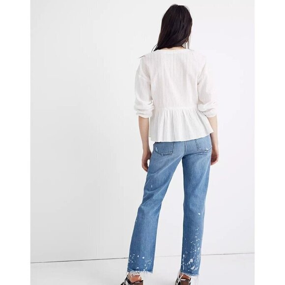 Madewell Bubble-Sleeve Peplum Top Metallic Stripe Faux Wrap Blouse - Picture 3 of 8